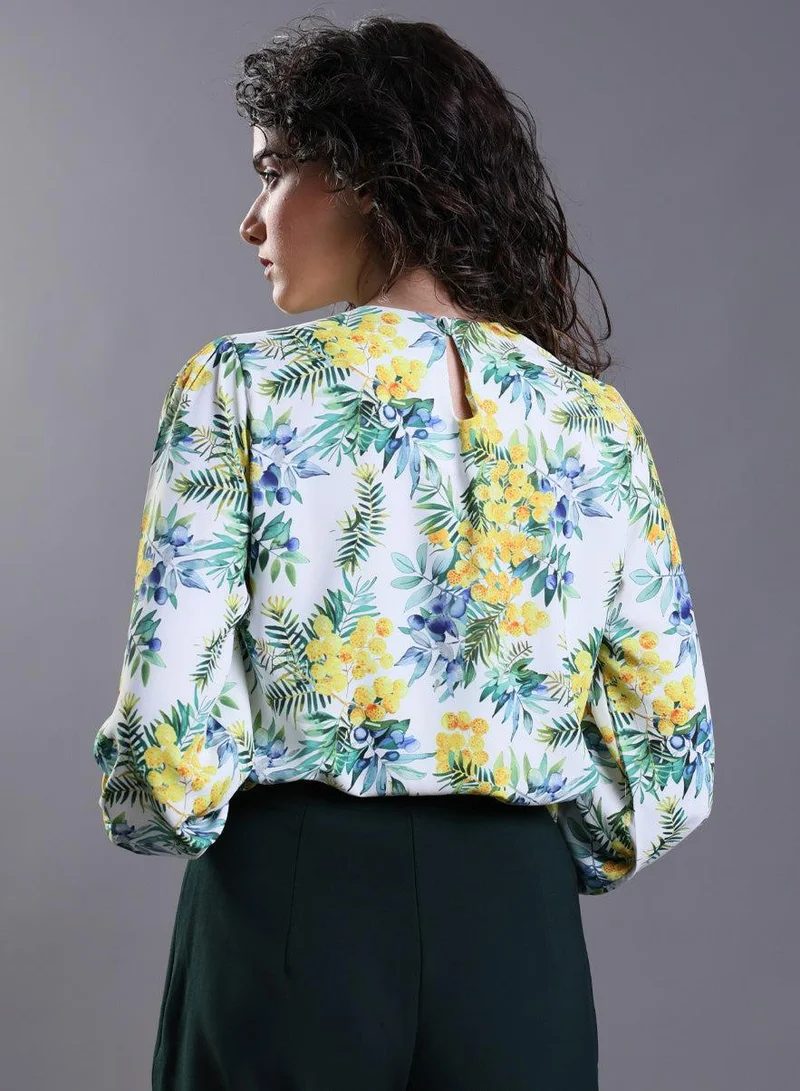 Zigzag  Yellow Floral Elastic Sleeve Top for Women | Best Price UAE